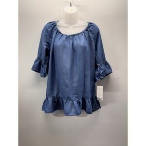 Signature Studio Peasant Top Blue Chambray 3/4 Sleeve Ruffle Women’s Size L NWT
